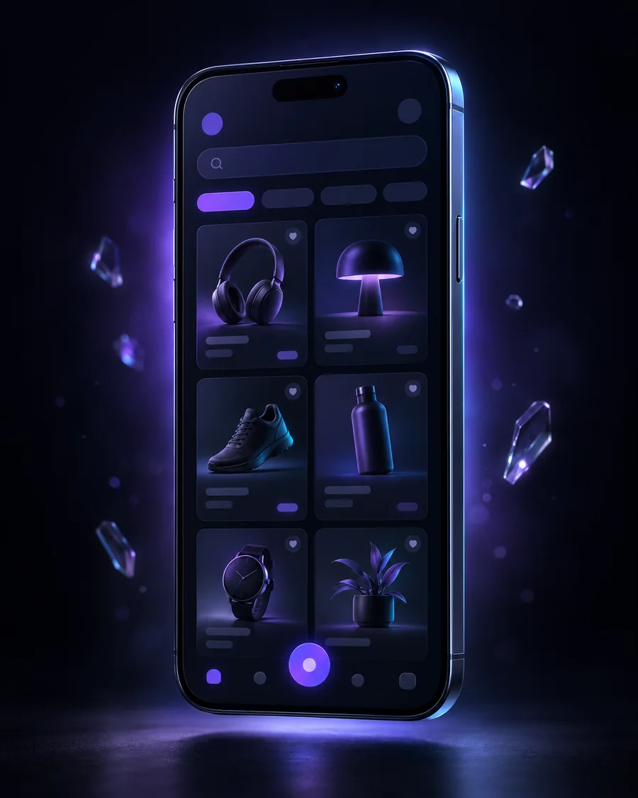 The BROKA app on a phone, showing a marketplace search and product grid